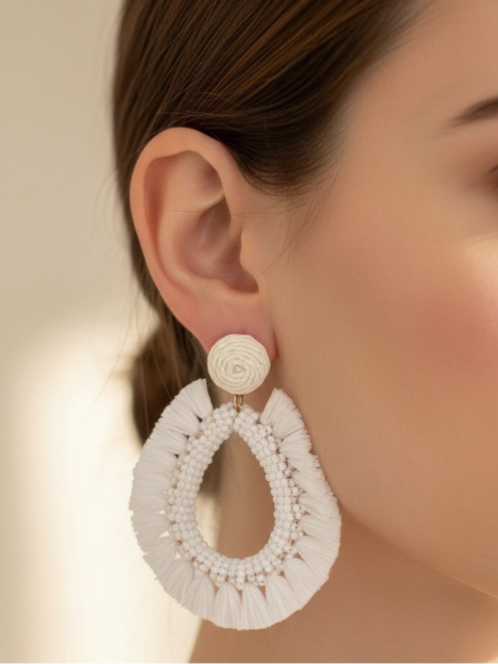 White Fringe Boho Tear Drop Earrings